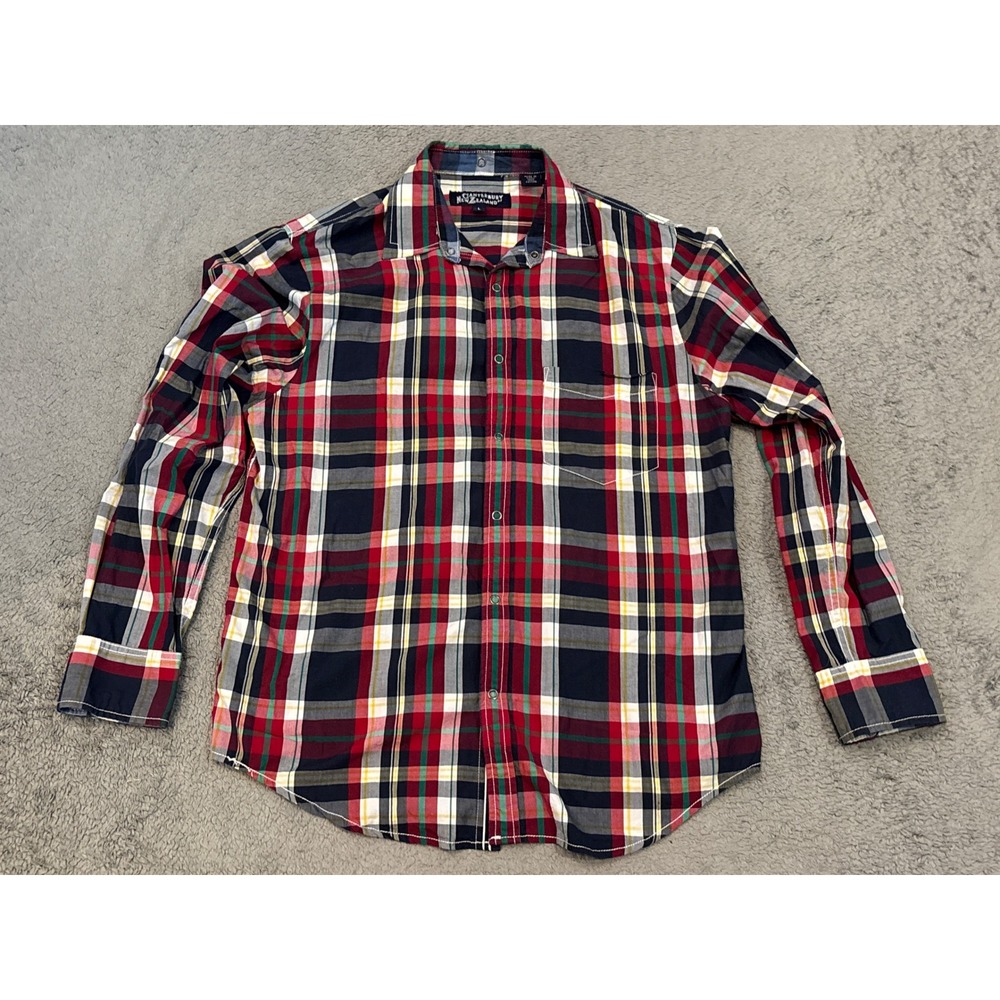 Canterbury of New Zealand Mens Large Plaid Button Down Shirt Red Navy Cotton L